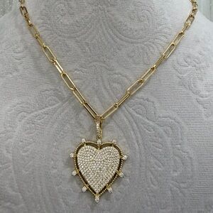 Gold Plated Paperclip Heart CZ Pendant Necklace